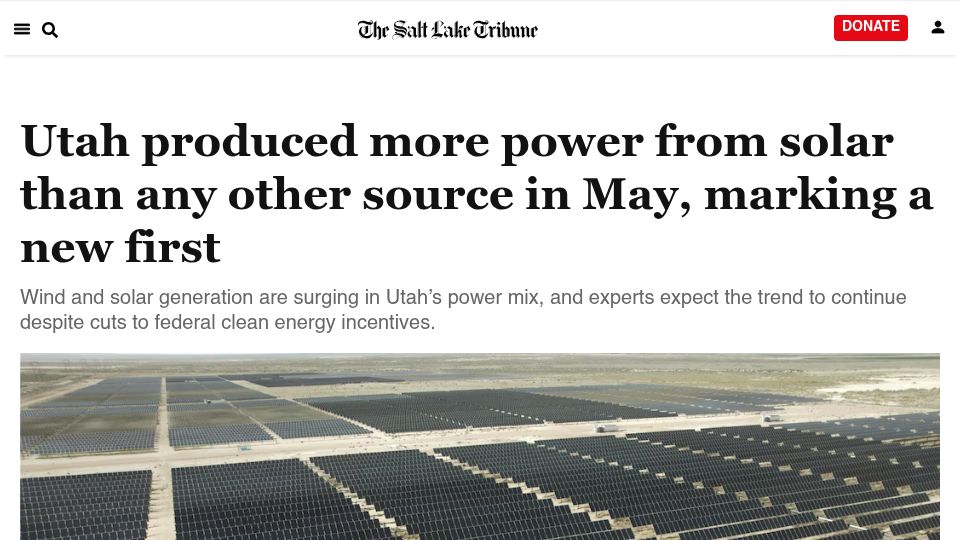 Screenshot of sltrib.com: Utah produced more power from solar than any other source in May, a new first
