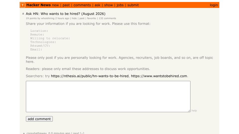 Screenshot of Hacker News post: Ask HN: Who wants to be hired? (August 2026)