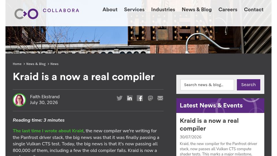 Screenshot of collabora.com: Kraid is a now a real compiler