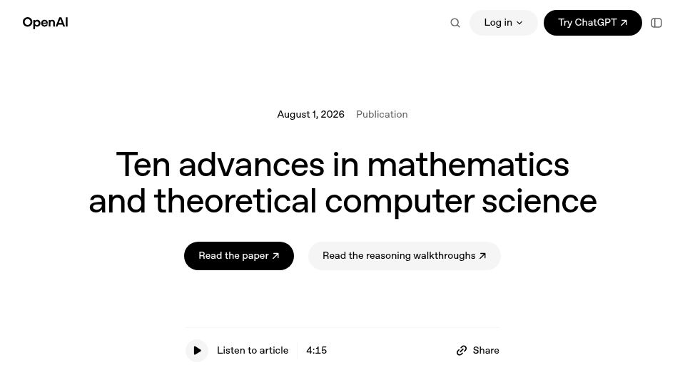 Screenshot of openai.com: Ten advances in mathematics and theoretical computer science