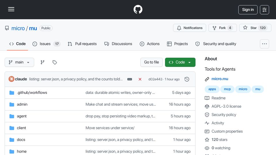 Screenshot of github.com: Show HN: Mu – Tools for Agents