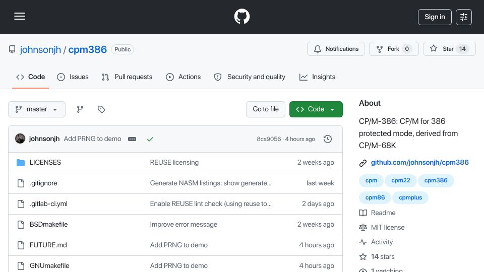 Screenshot of github.com: CP/M-386 – CP/M for 386 protected mode, derived from CP/M‑68K