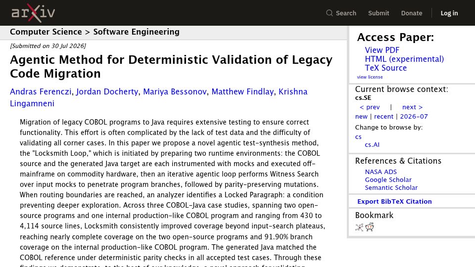 Screenshot of arxiv.org: AI migrated legacy COBOL programs to Java, bugs included