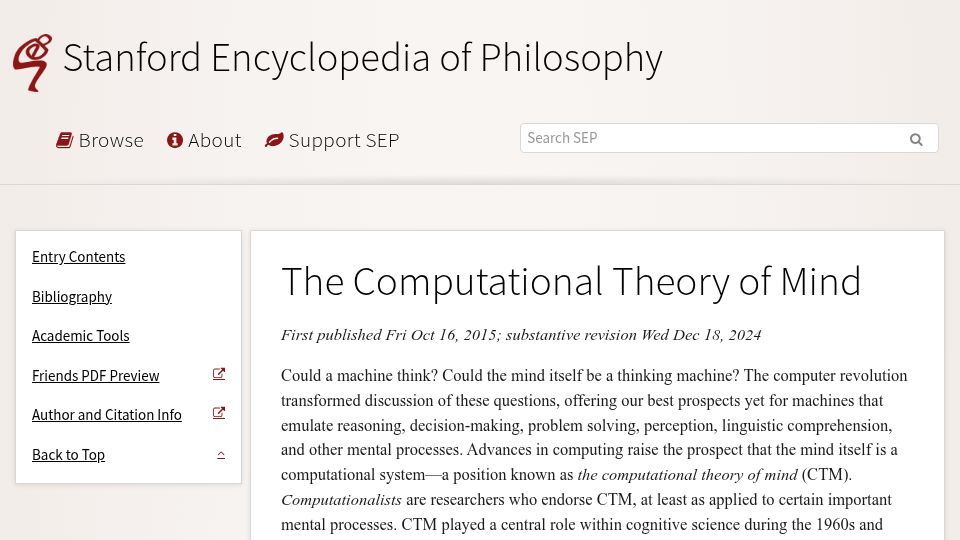 Screenshot of plato.stanford.edu: The Computational Theory of Mind (2015)