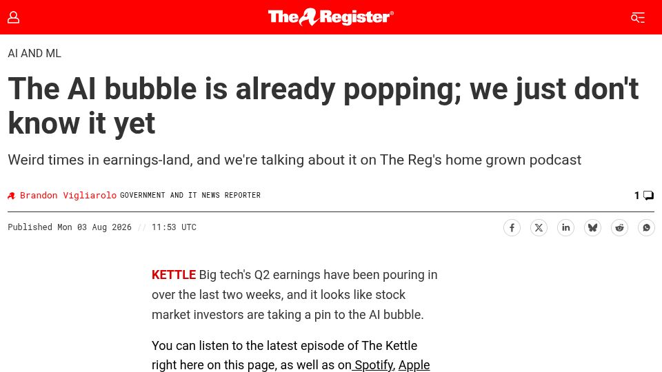 Screenshot of theregister.com: The AI bubble is popping; we just don't know it yet