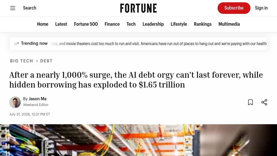 Screenshot of fortune.com: AI's debt binge can't last, hidden borrowing reaches $1.65T