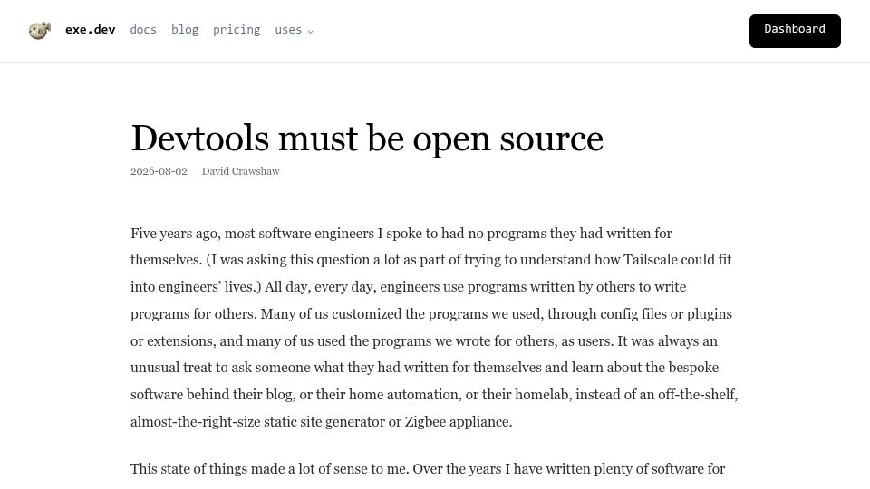 Screenshot of blog.exe.dev: Devtools must be open source