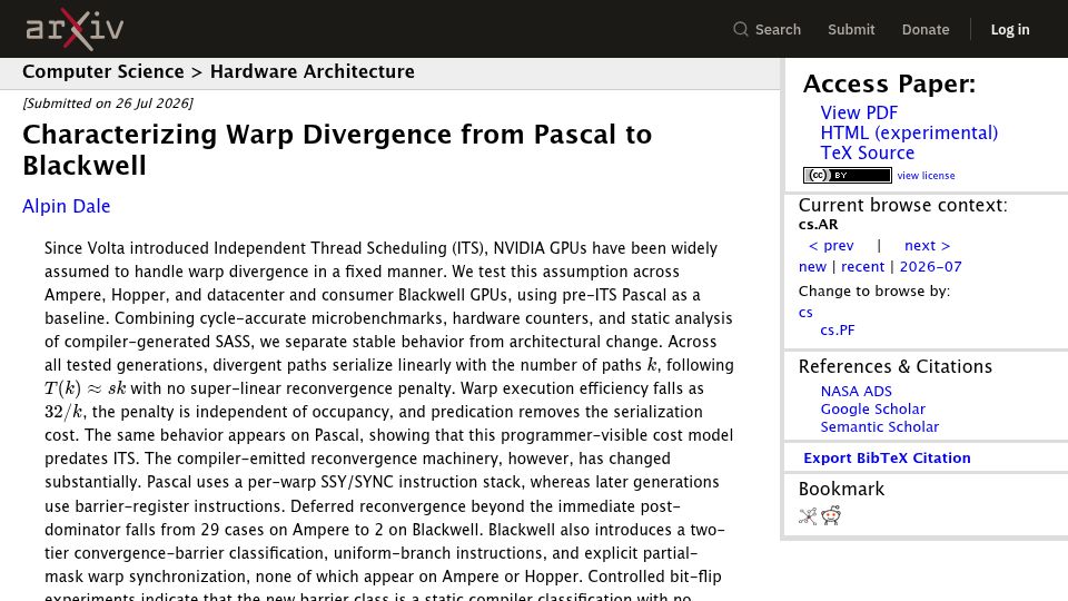 Screenshot of arxiv.org: Characterizing Warp Divergence from Pascal to Blackwell