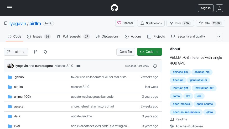 Screenshot of github.com: AirLLM 70B inference with single 4GB GPU