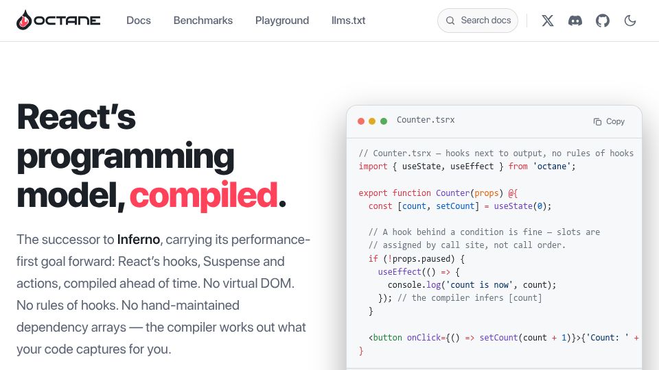 Screenshot of octanejs.dev: Octane – React’s programming model, compiled