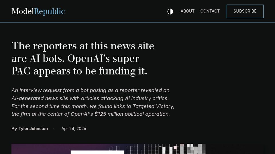 Screenshot of modelrepublic.org: OpenAI's super PAC is funding AI-generated news site attacking industry critics