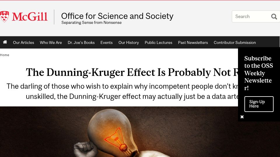 Screenshot of mcgill.ca: The Dunning-Kruger effect may just be a data artefact (2020)