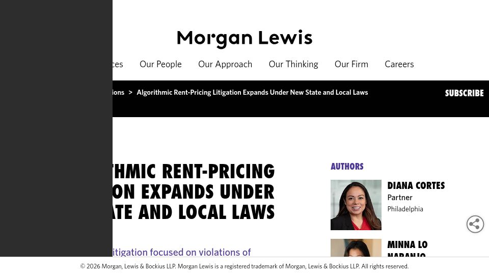 Screenshot of morganlewis.com: Algorithmic rent-pricing litigation expands under new state and local laws