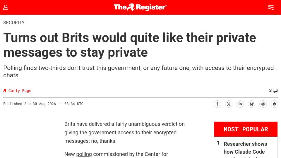Screenshot of theregister.com: Brits would quite like their private messages to stay private