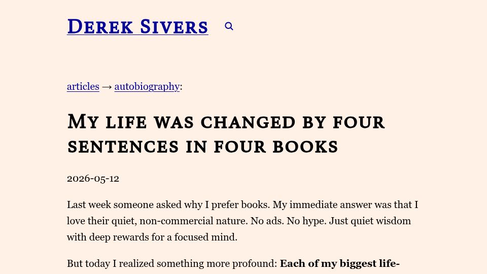 Screenshot of sive.rs: My life was changed by four sentences in four books