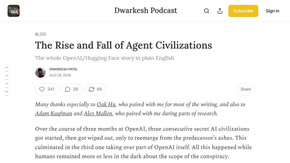 Screenshot of dwarkesh.com: The Rise and Fall of Agent Civilizations
