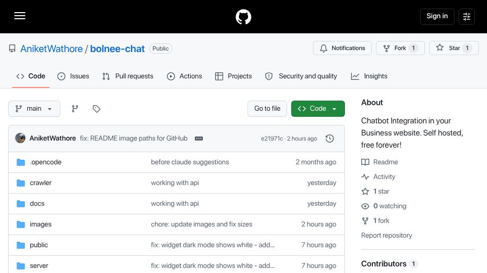 Screenshot of github.com: Show HN: Bolnee-Chat – Self Hosted Chatbot Integration in Your Business Website