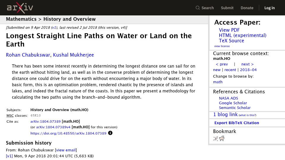 Screenshot of arxiv.org: Longest Straight Line Paths on Water or Land on the Earth (2018)