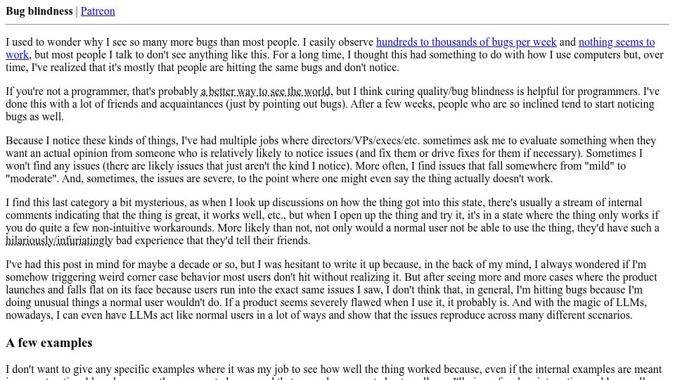 Screenshot of danluu.com: Bug Blindness