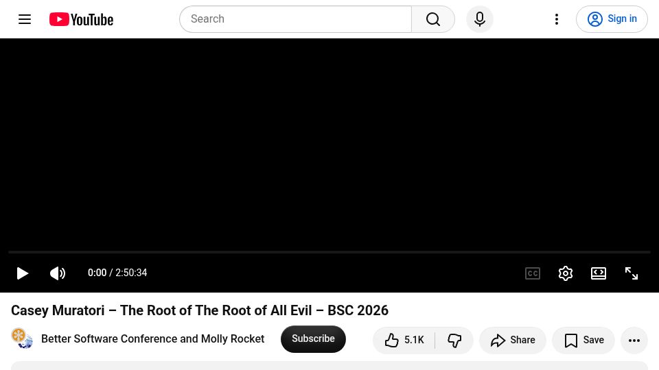 Screenshot of youtube.com: Casey Muratori – The Root of the Root of All Evil – BSC 2026 [video]
