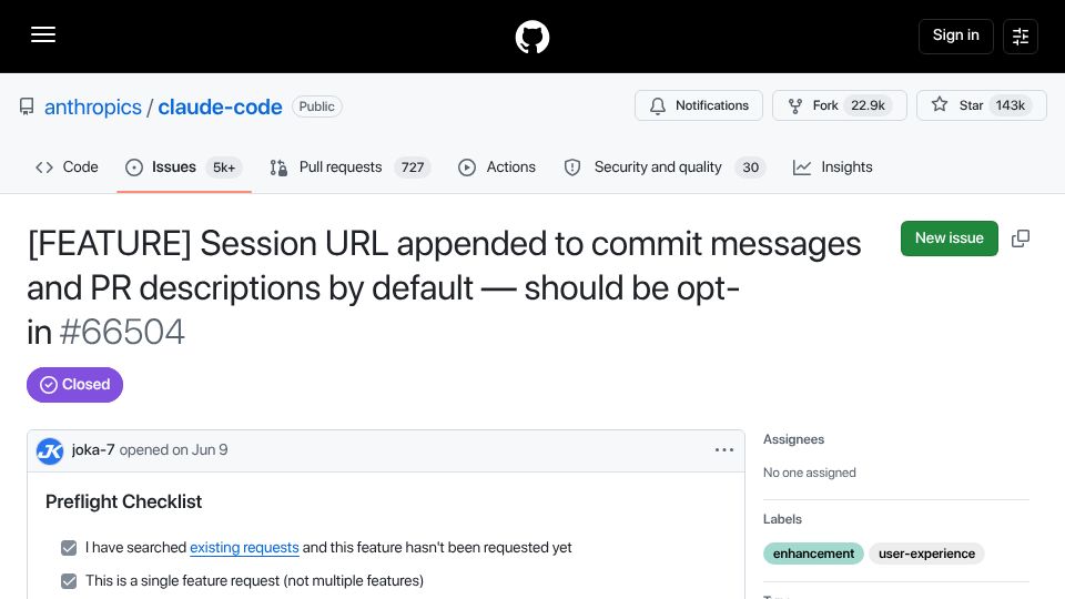 Screenshot of github.com: Claude Session URL appended to commit messages and PR descriptions by default