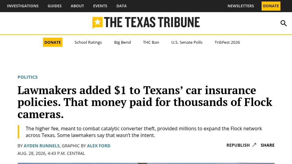 Screenshot of texastribune.org: Lawmakers added $1 to car insurance policies. That money paid for Flock cameras