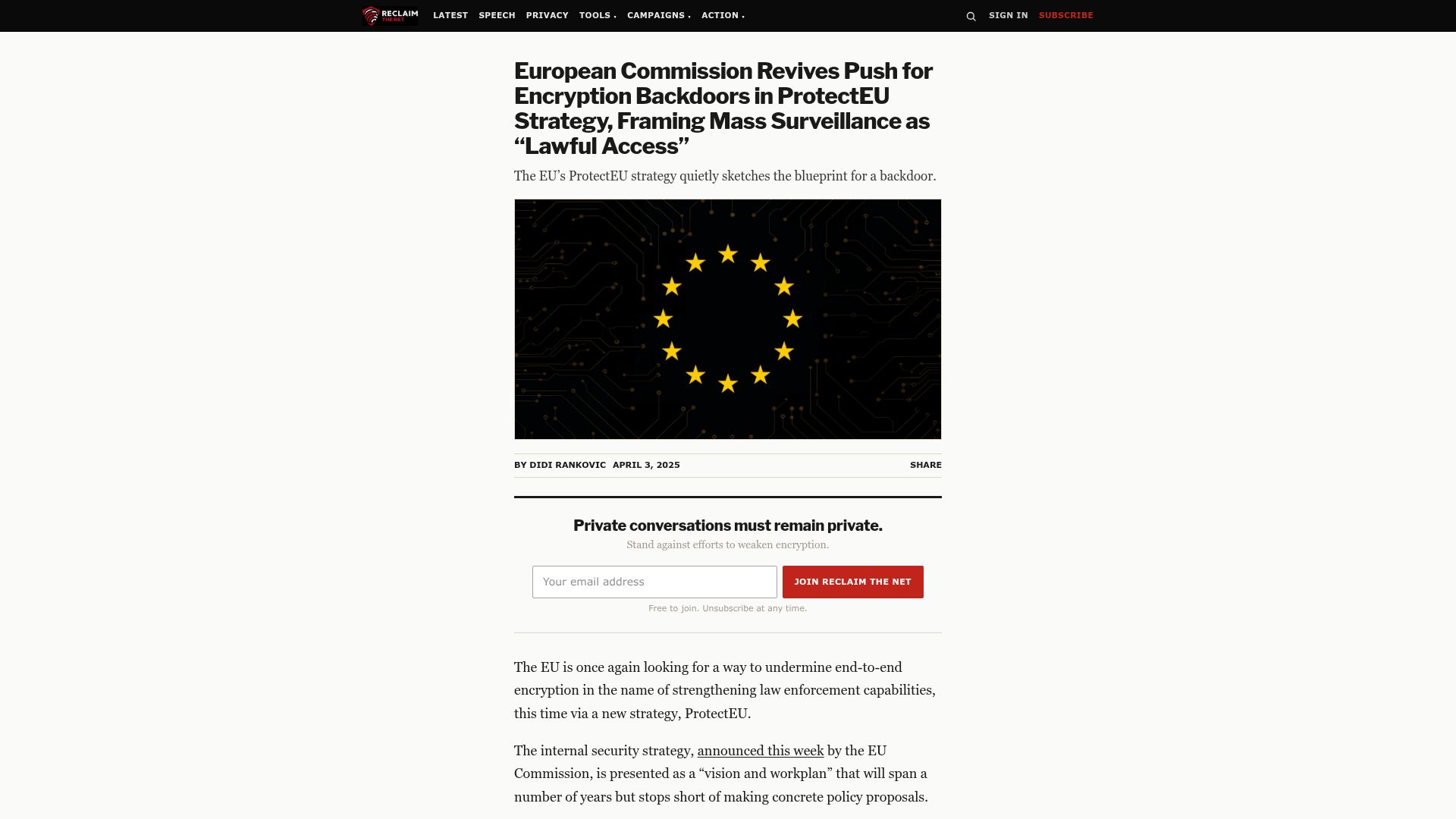 Screenshot of reclaimthenet.org: European Commission Revives Push for Encryption Backdoors in ProtectEU Strategy