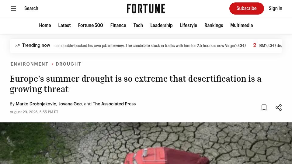 Screenshot of fortune.com: Europe's summer drought is so extreme that desertification is a growing threat