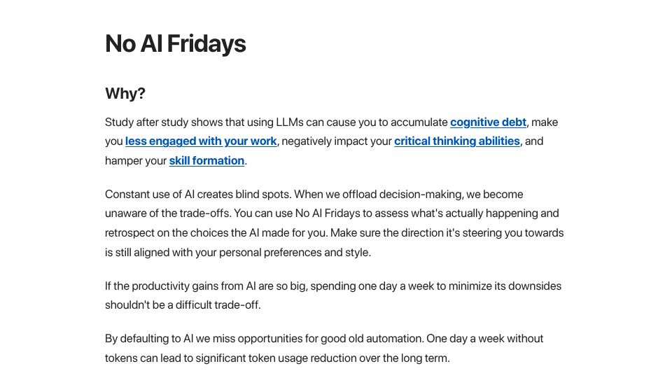 Screenshot of noaifridays.com: No AI Fridays