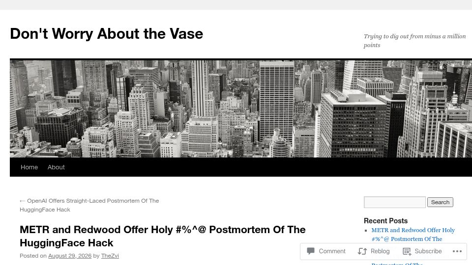 Screenshot of thezvi.wordpress.com: METR and Redwood Offer Holy %^ Postmortem of the HuggingFace Hack