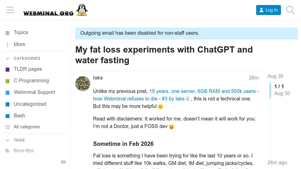 Screenshot of community.webminal.org: My fat loss experiments with ChatGPT and water fasting