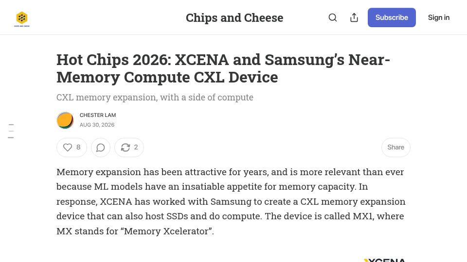 Screenshot of chipsandcheese.com: Xcena and Samsung's Near Memory Compute CXL Device