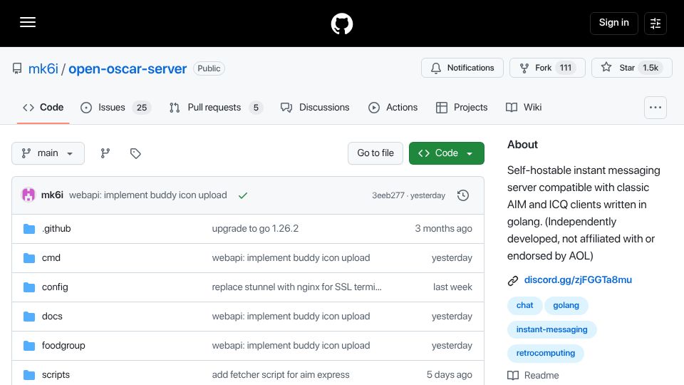 Screenshot of github.com: Open Oscar Server: open-source server compatible with AIM and ICQ clients