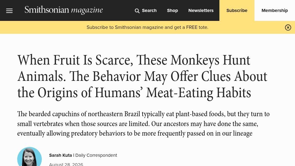 Screenshot of smithsonianmag.com: When fruit is scarce, these monkeys hunt animals