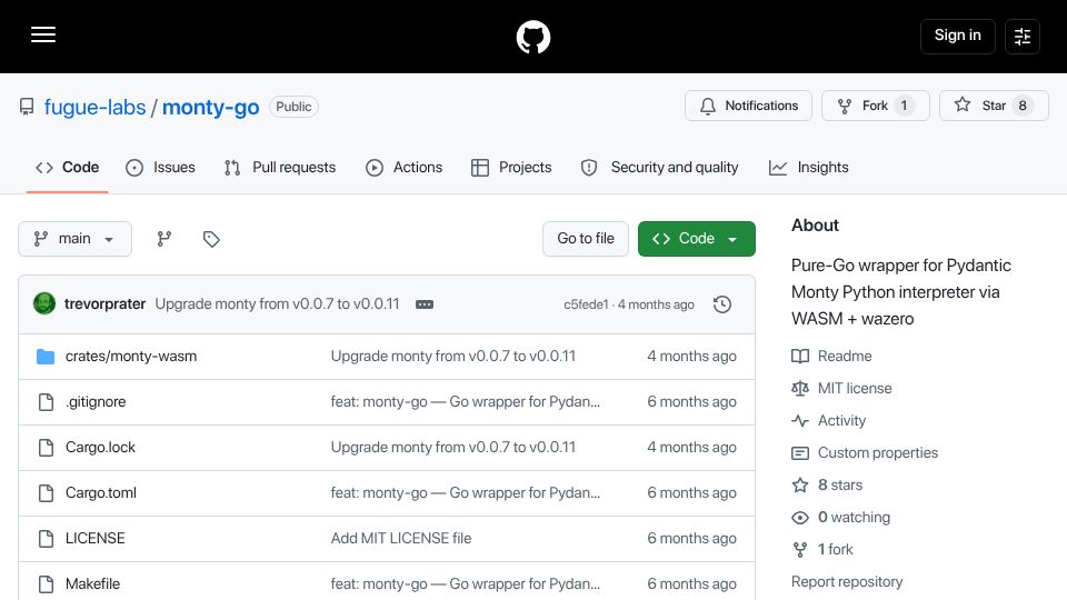 Screenshot of github.com: monty-go: Pure-Go wrapper for Pydantic's Monty Python Interpreter