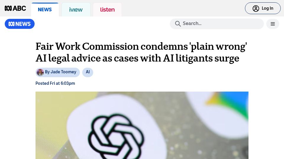 Screenshot of abc.net.au: Fair Work Commission condemns 'plain wrong' AI legal advice