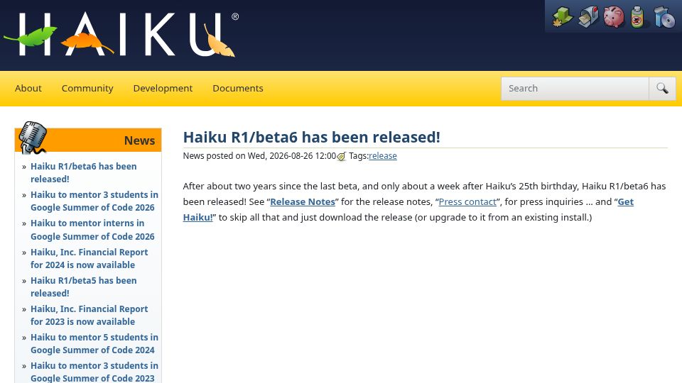 Screenshot of haiku-os.org: Haiku R1/beta6 has been released