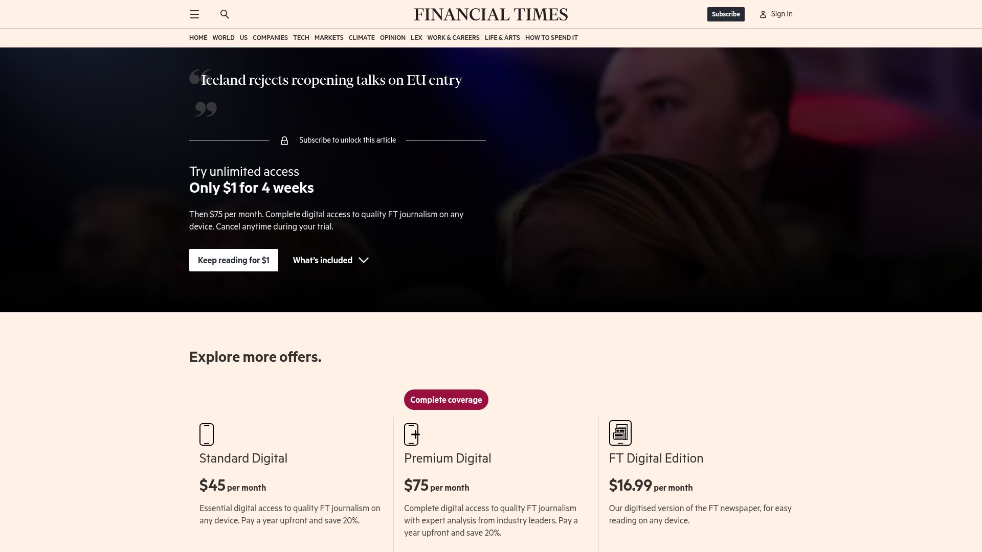 Screenshot of ft.com: Iceland rejects reopening talks on EU entry