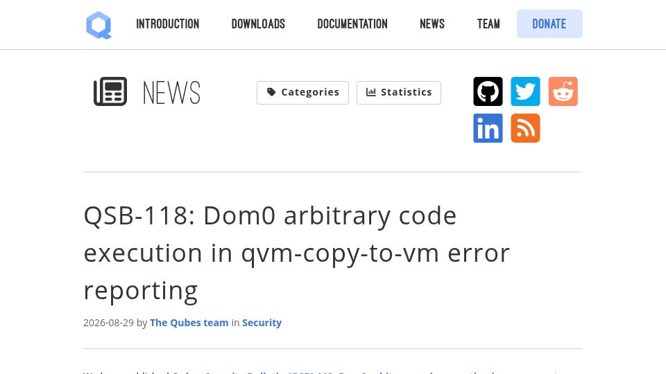 Screenshot of qubes-os.org: Arbitrary code execution in QubesOS via copy-to-VM error reporting backchannel