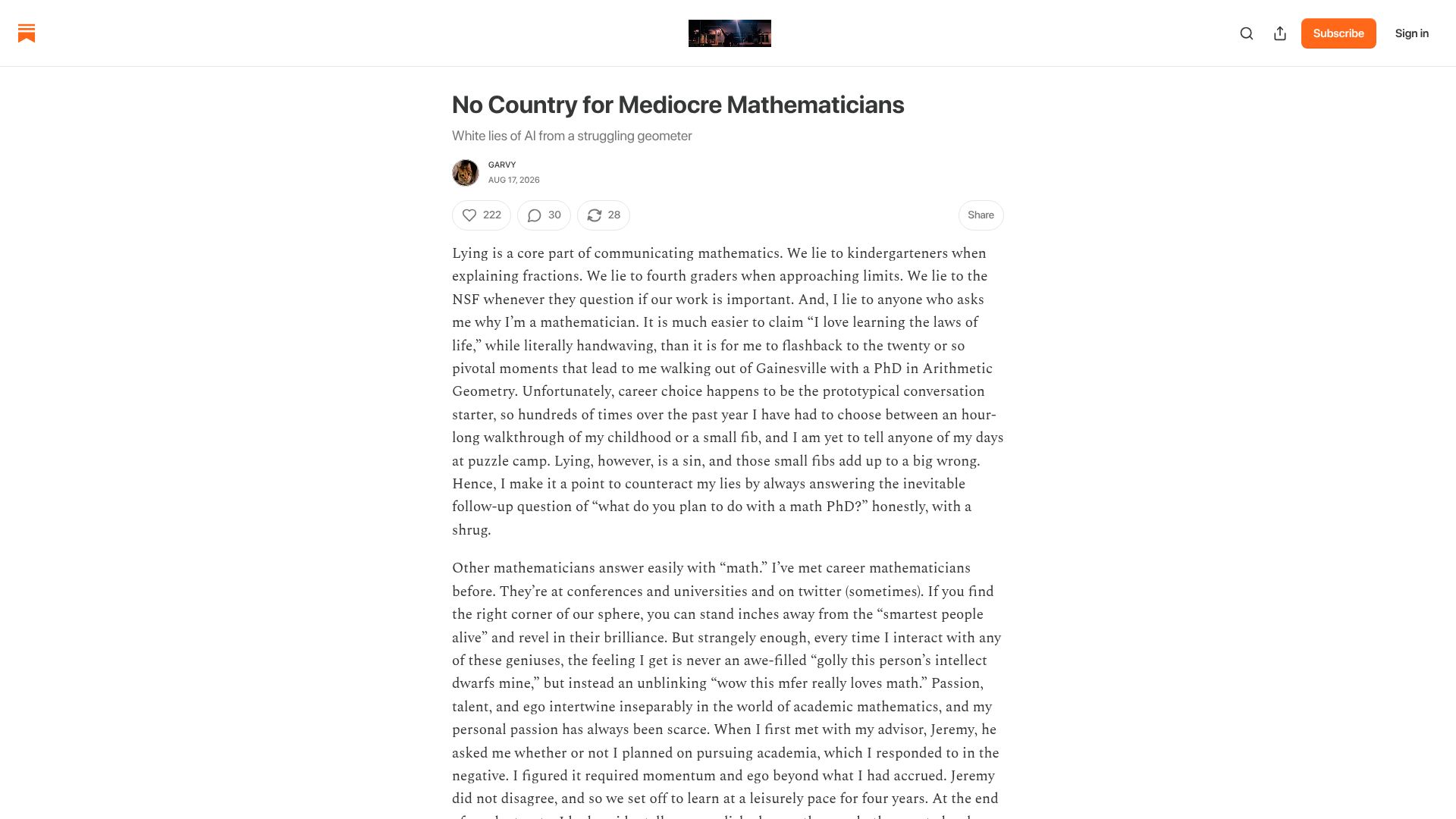 Screenshot of garvvee.substack.com: No country for mediocre mathematicians