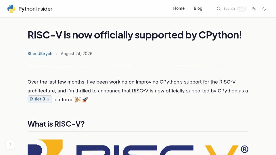 Screenshot of blog.python.org: RISC-V is now officially supported by CPython
