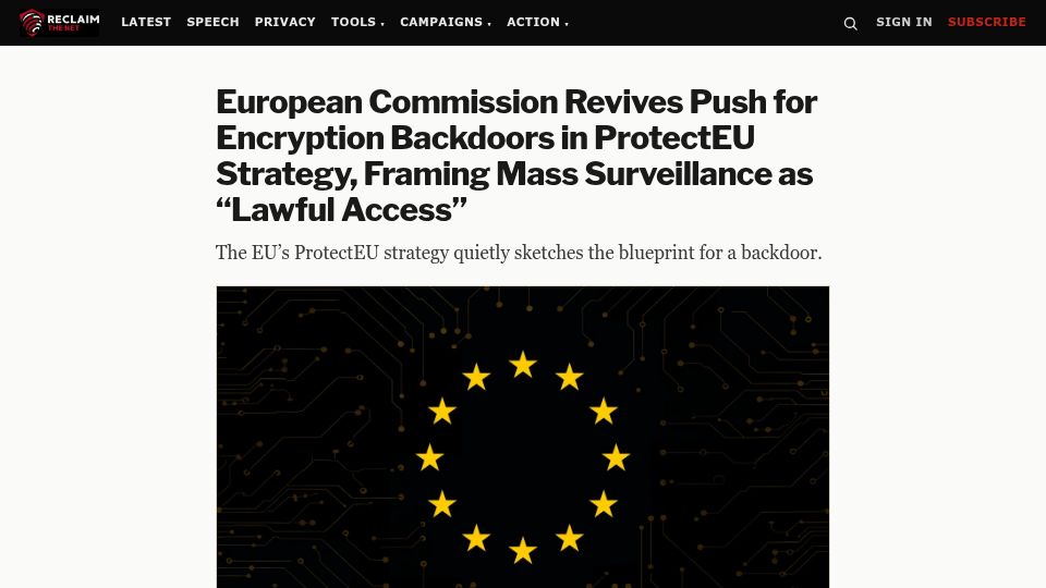 Screenshot of reclaimthenet.org: European Commission Revives Push for Encryption Backdoors in ProtectEU Strategy