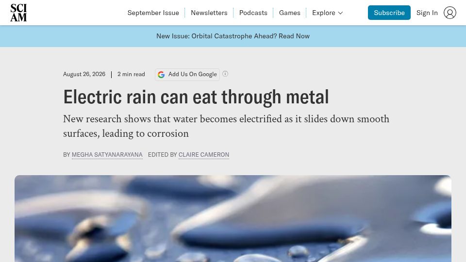 Screenshot of scientificamerican.com: Electric rain can eat through metal