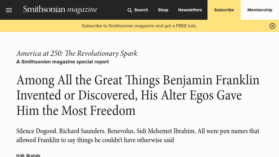 Screenshot of smithsonianmag.com: Benjamin Franklin's Alter Egos Gave Him the Most Freedom