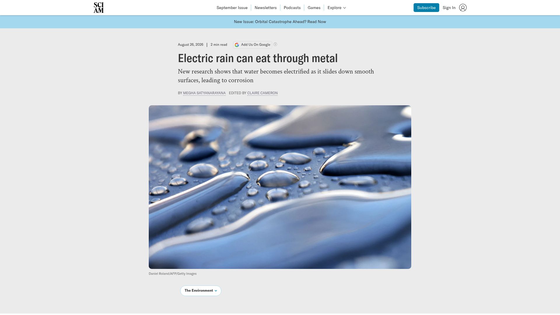 Screenshot of scientificamerican.com: Electric rain can eat through metal