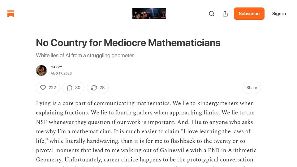 Screenshot of garvvee.substack.com: No country for mediocre mathematicians