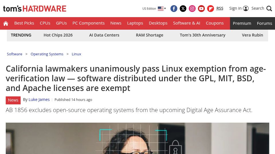 Screenshot of tomshardware.com: California lawmakers unanimously pass Linux exemption from age-verification law