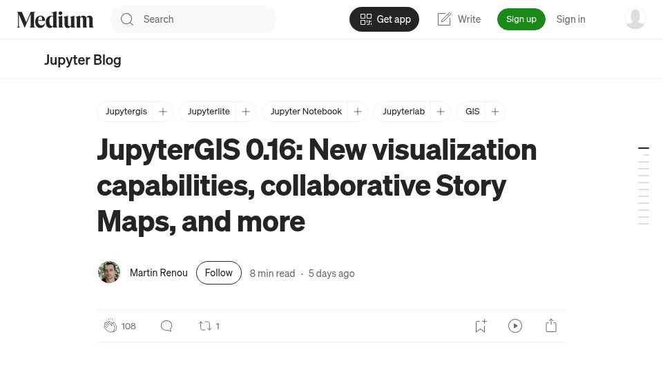 Screenshot of blog.jupyter.org: JupyterGIS 0.16: a grammar of graphics for maps, and collaborative story maps