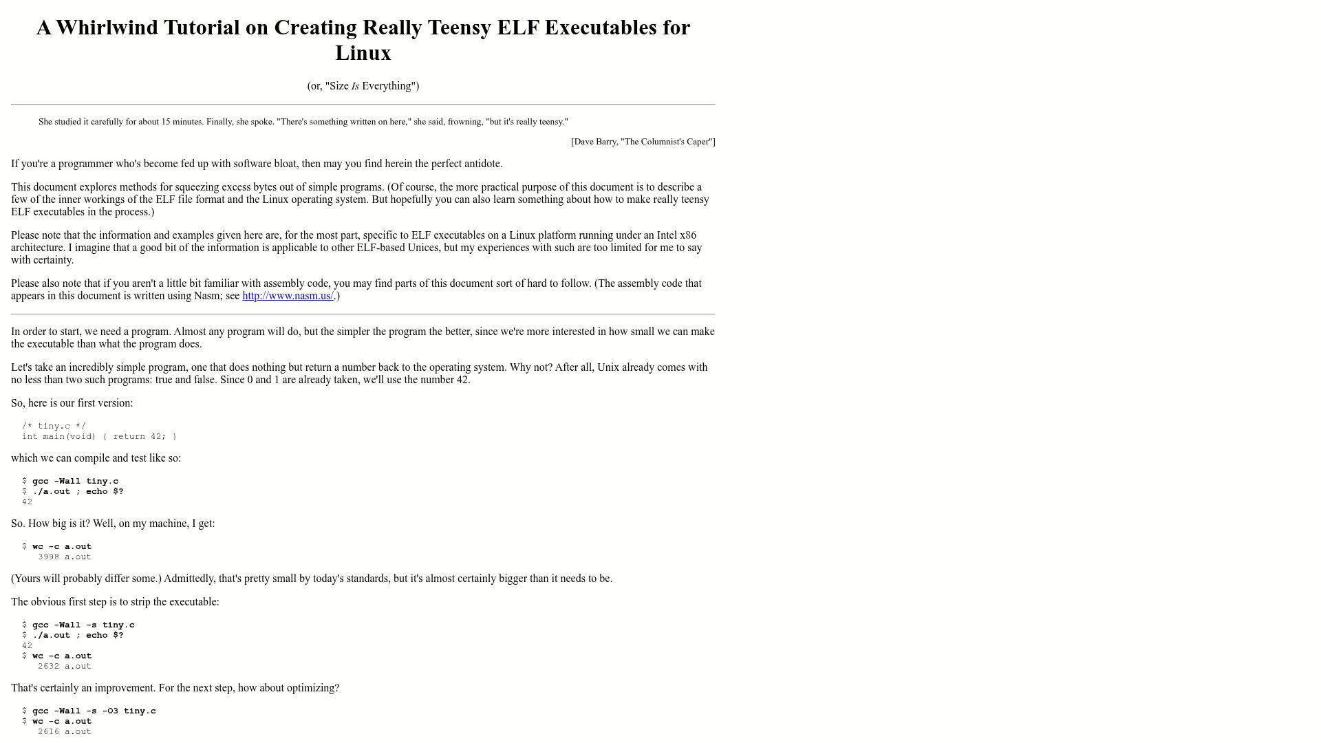 Screenshot of muppetlabs.com: Creating Teensy ELF Executables for Linux (Or, "Size Is Everything") (1999)
