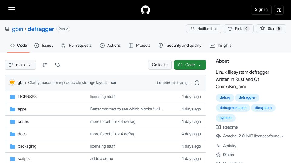 Screenshot of github.com: Show HN: I missed the moving blocks, so I built a real Linux disk defragmenter